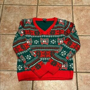Red and Green V-Neck Xmas “ugly”Sweater size M